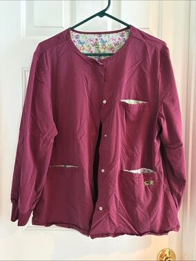 Women’s Burgundy Snap-Front Jacket with Floral Trim